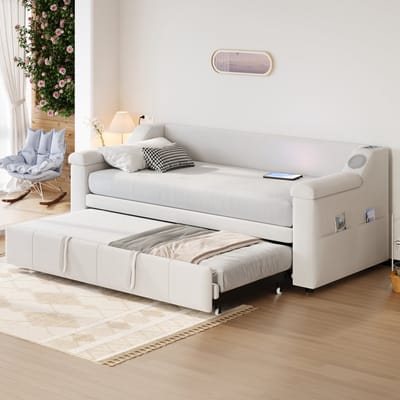 DESMIU Gestoffeerd Slaapbankbed 90x190 cm – Uitschuifbaar Naar 180x190 cm – Met Bluetooth-Stereo, USB en Opbergvakken – Fluweel – Beige – Zonder matras