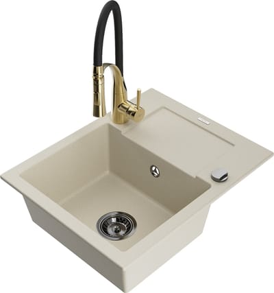 Mexen Enzo granieten gootsteen met 1 kuip en afdruiprek en keukenmengkraan Aster, beige - 6506-69-73450-57-B