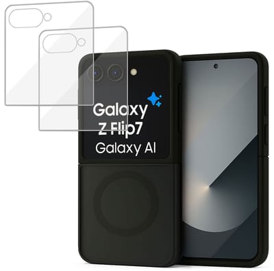 Hoesje + 2x Screenprotector geschikt voor Samsung Galaxy Z Flip 7 Hoesje - Portemonnee Hoesje geschikt voor MagSafe - Magnetisch - Gehard Glas - Zwart