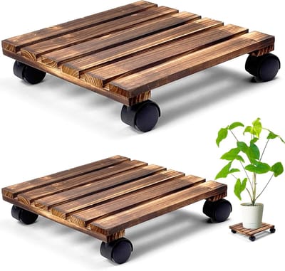 Plantenrolhouder - Vierkante Houten Plantenwagen met Wiel - 25x25 cm - Set van 2 Zware Mobiele Standaards met Vergrendelbare Zwenkwielen - Geschikt voor Binnen en Buiten - Bruin - 2 Stuks
