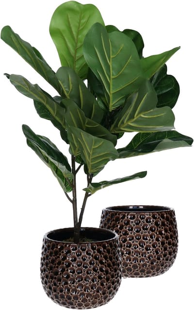 Mega Collections Plantenpot/bloempot Pebblo - 2x - keramiek/geglazuurd - bruin - druppels - D21 x H17 cm