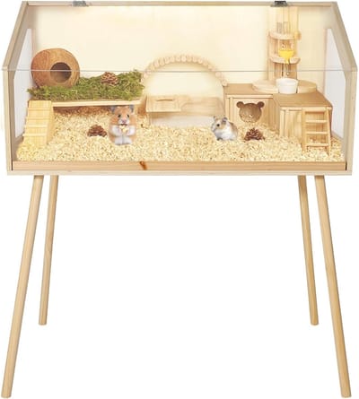 Grote houten hamsterkooi met poten - Hoogwaardige hamsterkooi en gerbilverblijf van helder acryl - Knaagbestendige kooi voor kleine dieren met een afneembaar deksel en ventilatie - 100 x 80 x 40 cm - houtkleur