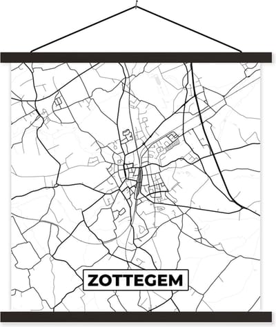 Posterhanger incl. Poster 60x60 cm - Schoolplaat - Zwart Wit – België – Plattegrond – Stadskaart – Kaart – Zottegem - Textielposter - Zwarte latten - Stadskaart