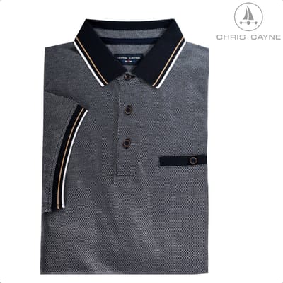 Chris Cayne poloshirt - M - jacquard dessin - donkerblauw/offwhite - luxe kraag - pique - stretch - borstzak - luxe polo - bruine knoopjes