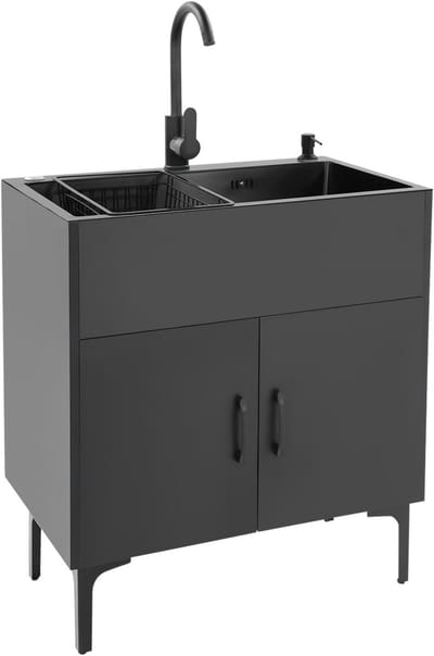Keukenspoelbak met kast - Vrijstaande spoelbak - Keuken organiseren - Inclusief kraan zeepdispenser - 68x45x78cm - Zwart