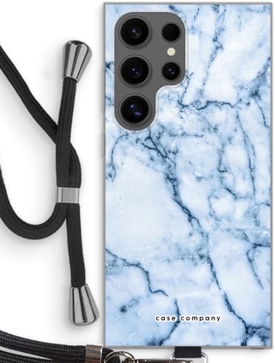 Case Company® - Hoesje met koord geschikt voor Samsung Galaxy S24 Ultra hoesje met Koord - Blauw marmer - Telefoonhoesje met Zwart Koord - Bescherming aan alle Kanten en Over de Schermrand