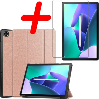 Hoesje Geschikt voor Lenovo Tab M10 Plus (3e / 3rd Generatie) - Met Screenprotector - Trifold Bookcase - Hard Cover - Hardcover Book Case - Tablet Hoes - Rosé goud