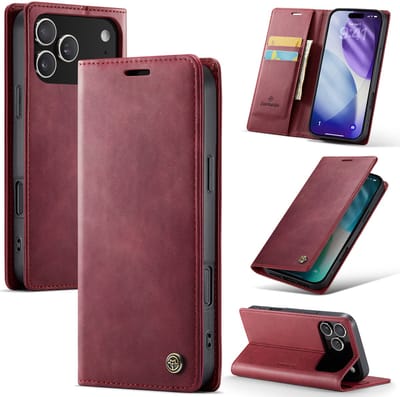 Casemania Hoesje Geschikt voor Apple iPhone 17 Pro - Burgundy Red - Luxe Kunstleer Dunne Telefoonhoesje met Pasjeshouder en Standaardfunctie - Slim Wallet Case - Bordeaux Rood