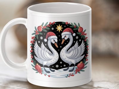 Mok Kerst Zwanen, feestelijke mok, vakantie cadeau, winter decoratie, zwanenliefde, unieke mokken, zwanen kerstmuts, kerst cadeau