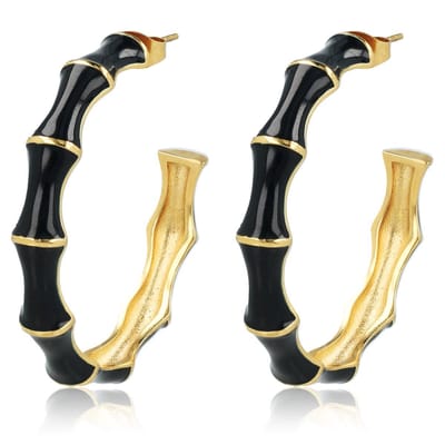 My Bendel - Goudkleurige Hoops met Zwarte Bamboo Look - met Luxe Cadeauverpakking | Sieraden Voor Dames