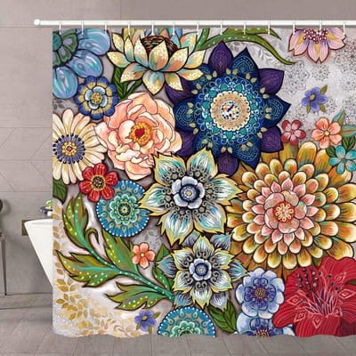 Famanu – Douchegordijn bloemen/natuur 180 x 200 cm – wasbaar anti-schimmel + 12 ringen