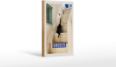 Holzschild Reise 12x18cm Greece Griechenland weiße Treppe Katze