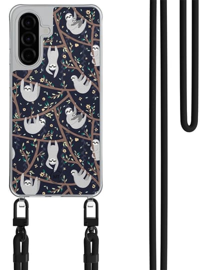 Hoesje met koord geschikt voor Samsung Galaxy A26 - Luiaard print - Inclusief Zwart koord - Crossbody beschermhoes - Transparant, Beige - Mooie Telefoonhoesjes