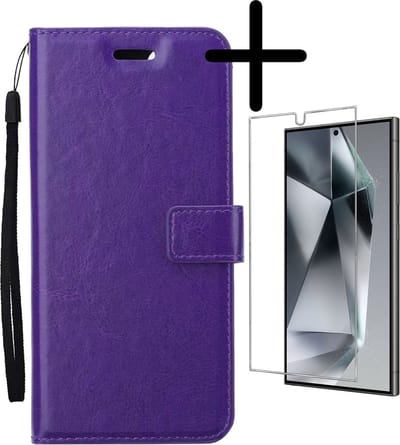 Hoesje Met Screenprotector - Geschikt voor Samsung Galaxy S24 Ultra - Luxe Pasjeshouder - Bookcase Portemonee - Flip Case - Kunstleer Book Case - Flipcase - Book Cover - Walletcase - Portemonneehoes - Paars