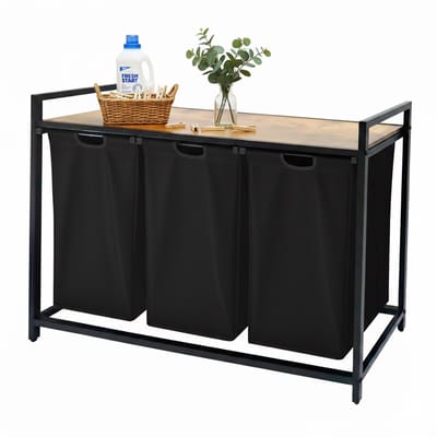 Wasmand 3 vakken - 150 liter - met plank - zwart-natuur