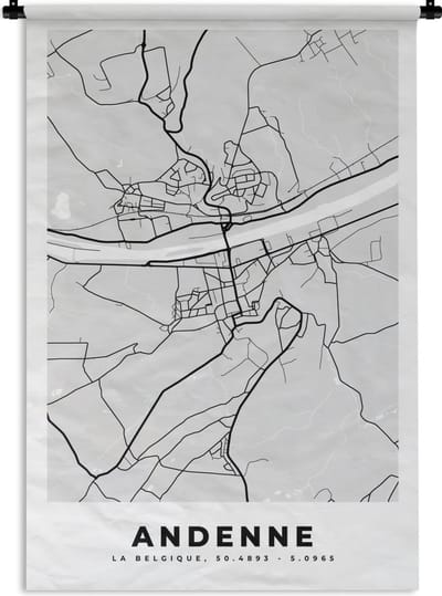 Wandkleed - Wanddoek - Zwart Wit – België – Plattegrond – Stadskaart – Kaart – Andenne - 120x180 cm - Wandtapijt