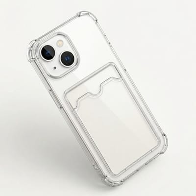 Transparant telefoon hoesje met kaarthouder geschikt voor iPhone 15 – doorzichtig TPU backcover case dames en heren – schokbestendig ontwerp met foto vak en verstevigde hoeken