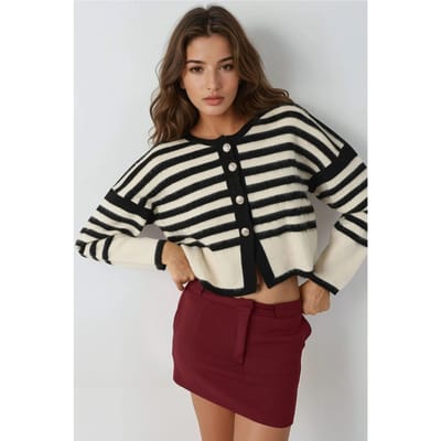 Gestreepte Gebreide Cardigan met Knopen Sluiting