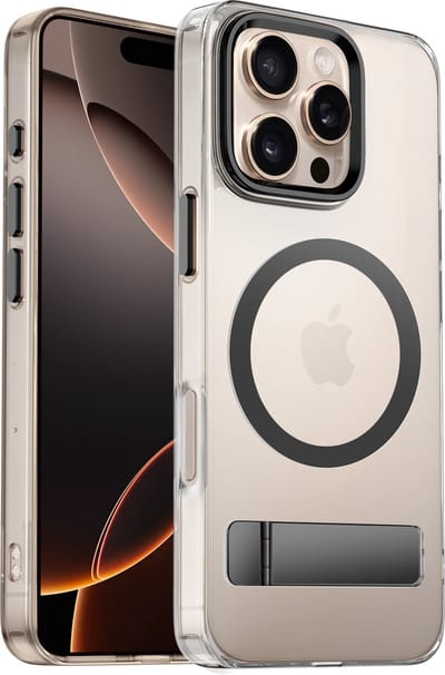 Coverzs MagSafe hardcase met standaard (zwart) - Geschikt voor iPhone 16 Pro Max - Schokabsorberend - Beschermt tegen krassen en stoten - Uitklapbare standaard