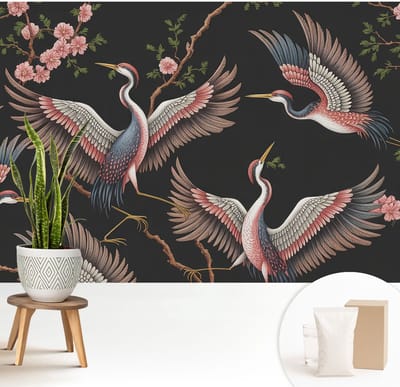 Wallfluent Behang - Bloemenpatroon Vliesbehang - 208x146 cm - Zwart Behang - Voor natuurliefhebbers en liefhebbers van minimalisme - Behang Voor de slaapkamer, woonkamer en badkamer - Wanddecoratie Dieren