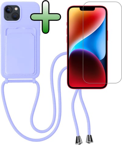Hoes Geschikt voor iPhone 13 Hoesje Pas Houder Case Hoes Met Koord Met Screenprotector - Hoesje Geschikt voor iPhone 13 Hoes Met Telefoonkoord Pasjeshouder Cover - Lila