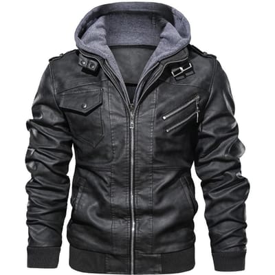 Heren Leren Jas Vintage Locomotief PU Leer Jas Herfst en Winter Afneembare Heren Jas met Capuchon XXXL gray