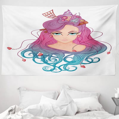 ABAKUHAUS Abstracte dameswandtapijt en sprei, meisje met kleurrijk haar, 230 x 140 cm, perzik en veelkleurig