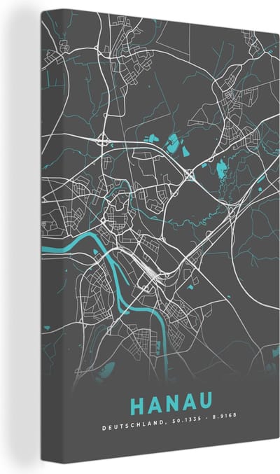 Canvas Schilderij Hanau – Stadskaart – Blauw – Plattegrond – Stadskaart – Kaart - Duitsland - 20x30 cm - Wanddecoratie