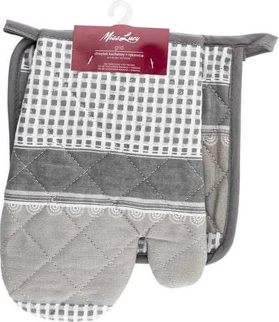 Miss Lucy Grid set van 2 ovenwanten - Ovenhandschoenen - Pan lap - Keuken textiel - Keukenhandschoen - Grijs