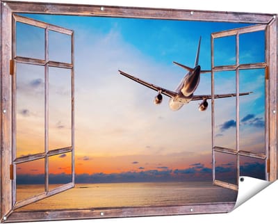 Gards Tuinposter Doorkijk Vliegtuig Boven de Zee bij Zonsondergang - 150x100 cm - Tuindoek - Tuindecoratie - Wanddecoratie buiten - Tuinschilderij