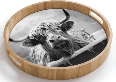 Dienblad rond 40x40 cm - Schootdienblad hout - Schotse hooglander - Zwart wit - Bad - Schuim - Borrelplank rechthoek - Plateau houten dienbladen