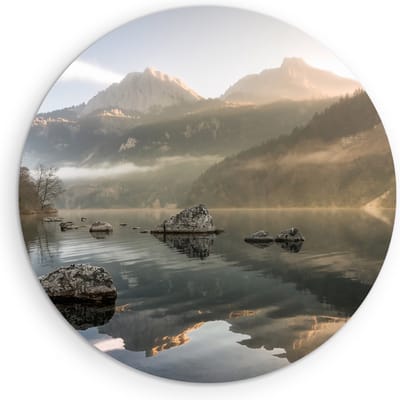 Saammp Muurcirkel Hout -Mistig Landschap - Rotsen - Natuur - Ø 90 - Wandcirkel - Wanddecoratie Cirkel - Muurdecoratie Woonkamer - Slaapkamer decoratie - Rond Schilderij