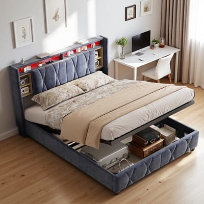 Gestoffeerd bed met led-verlichting en usb-poort, 140x200cm, opbergbaar hoofdbord, hydraulische stang, fluweel, grijs, exclusief matras