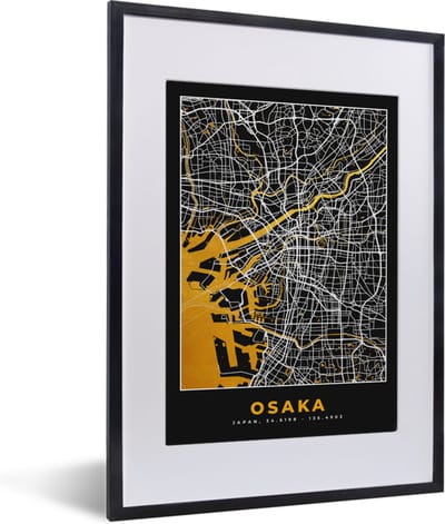 Fotolijst incl. Poster - Osaka - Kaart - Stadskaart - Plattegrond - Goud - 30x40 cm - Posterlijst