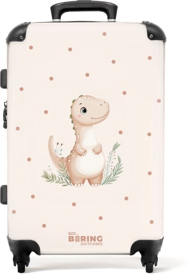 NoBoringSuitcases.com® - Kinderkoffer jongen - Kindertrolley jongens - Beige dino op een stippen achtergrond - Koffer kind groot - Rolkoffer lichtgewicht - Reiskoffer met 4 wielen - Grote trolley XL - 20 kg bagage