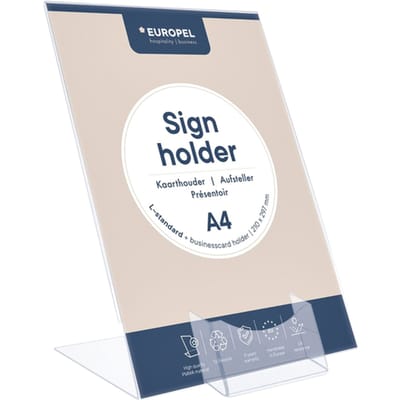 Kaarthouder Europel Staand - L-standaard met visitekaartbakje - A4 - 21 x 29,7 cm - Transparant