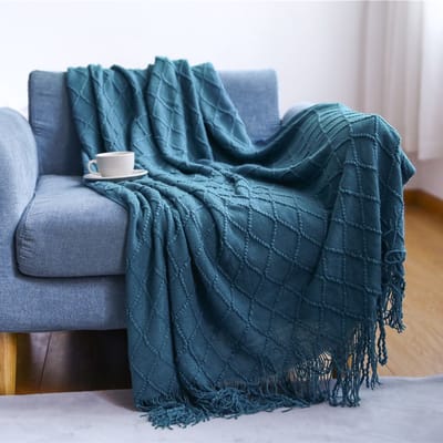 Stevige, zachte, gebreide, decoratieve deken met kwastjes voor een slaapbank, zacht, warm en comfortabel, lichtgewicht voor de lente en zomer (130 cm x 230 cm) - blauw - 130*230CM