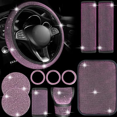 11-delige auto-accessoireset met strass stuurwielafdekkingBling versnellingspookafdekkingHandrem roze