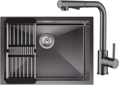 CECIPA max 60×44CM Spoelbakken Keuken - Spoelbak Keuken RVS - Enkele spoelbak Met Keukenkraan Met Uittrekbare Uitloop - Spoelbakken met Uittrekbare Afvoermand en Afdruip - Gootsteen Onderbouw - Antraciet