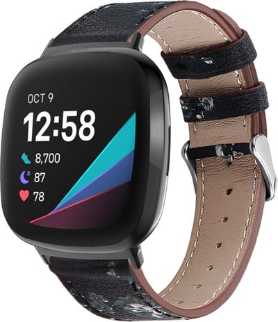 By Qubix - Compatible Fitbit bandje - geschikt voor Fitbit Versa 3/4 & Sense 1/2 leren bandje - Bloemenprint zwart / wit Smartwatchbandje bandje Armband Polsband Strap Band Watchband
