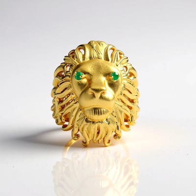 Cavill - Elegante damesring 925 zilver verguld - Zambia smaragd 2x 0,045 ct ronde geslepen - Leeuwenmotief en haarlijnstructuur - Unieke designring