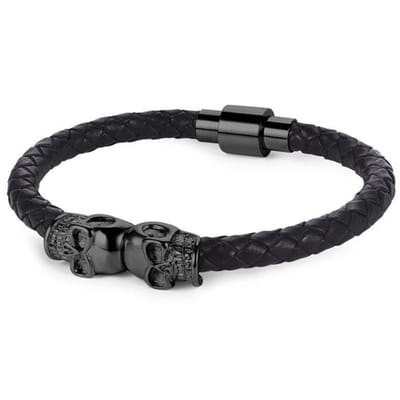 Victorious Leren Armband Heren – Zwart RVS Roestvrij Staal – Schedel Zwart – Zwart – 22cm