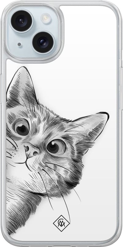 Casimoda® hoesje - Geschikt voor iPhone 15 - Kat Kiekeboe - 2-in-1 case - Schokbestendig - Illustratie - Verhoogde randen - Grijs, Transparant