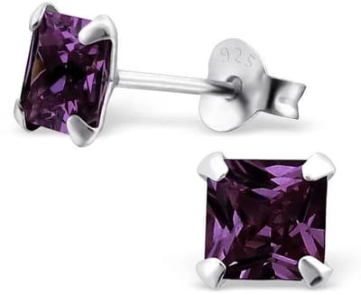 Aramat Jewels | Oorbellen | 925 Zilveren Vierkante Zirkonia Oorbellen 4-8mm - Princess Cut Studs | 5mm / Donker Paars | | | Zilver | Kinderen, Volwassenen | Verkleurd niet