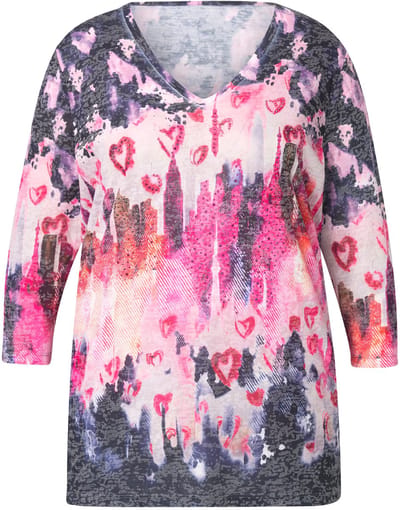 MIAMODA - Dames - T-shirt batikmotief met hartjes en glitter - Donkerblauw - Maat 44