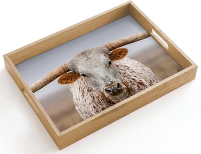 Dienblad hout 40x30 cm - Schootdienblad - Longhorn - Grasveld - Dier - Borrelplank rechthoek - Plateau dienbladen