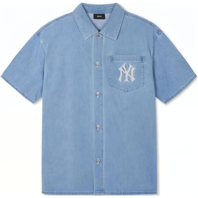 MLB New York Yankees Logo Brodé Chemise Décontractée en Jean Boutonnage Simple Manches Courtes Hommes chemises Bleu 3ADRB0443-50BLL L gray