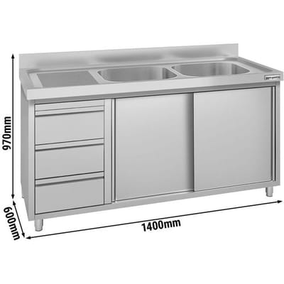 GGM Gastro Spülschrank ECO - 1400x600mm - mit 3 Schubladen & 2 Becken rechts