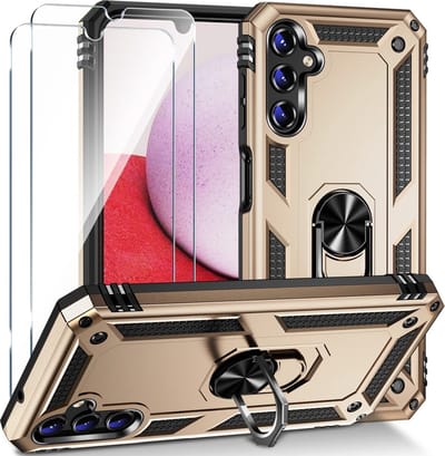 HB Hoesje Geschikt voor Samsung Galaxy A54 5G Goud & 2X Glazen Screenprotector - Anti-Shock Hybrid Armor Back Cover - Hoes met Kickstand Ring