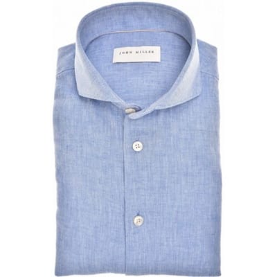 John Miller Overhemd Casual Linnen Cotton Fine Herringbone Pattern Midden Blauw / male